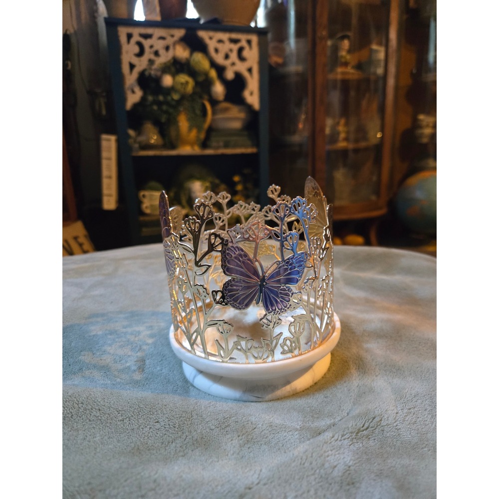 Bath & Body Works Butterfly Floral Silver Metal 3-Wick Candle Holder Marble Base
